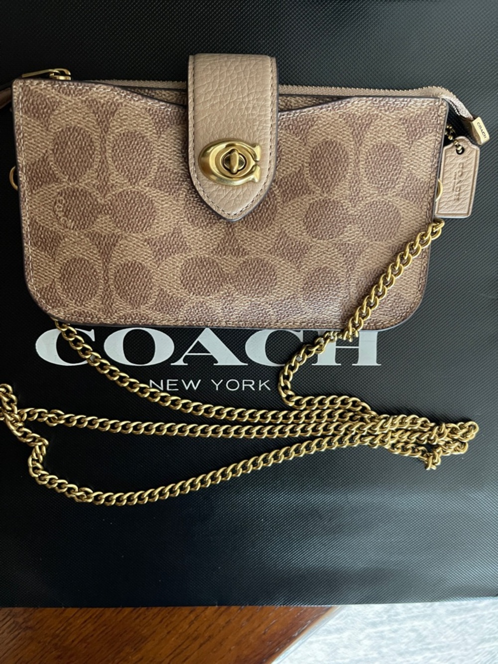 Coach Tan/Brown Signature Canvas Crossbody with Gold Chain - Picture 2 of 11